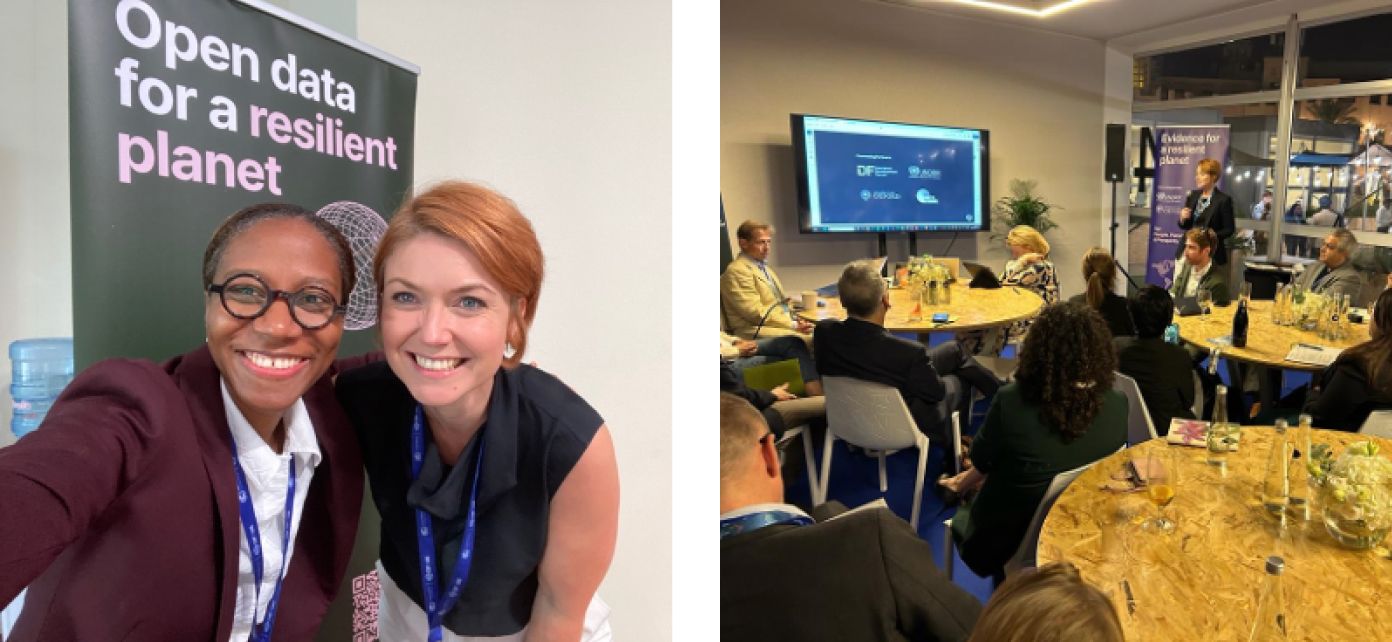 Left: Dr Nicola Ranger, Director, Resilient Planet Finance Lab with one of our two founding partners, Ekhosuehi Iyahen, Secretary General of the Insurance Development Forum (IDF), at COP28. Right: Partner consultation roundtable at COP28.